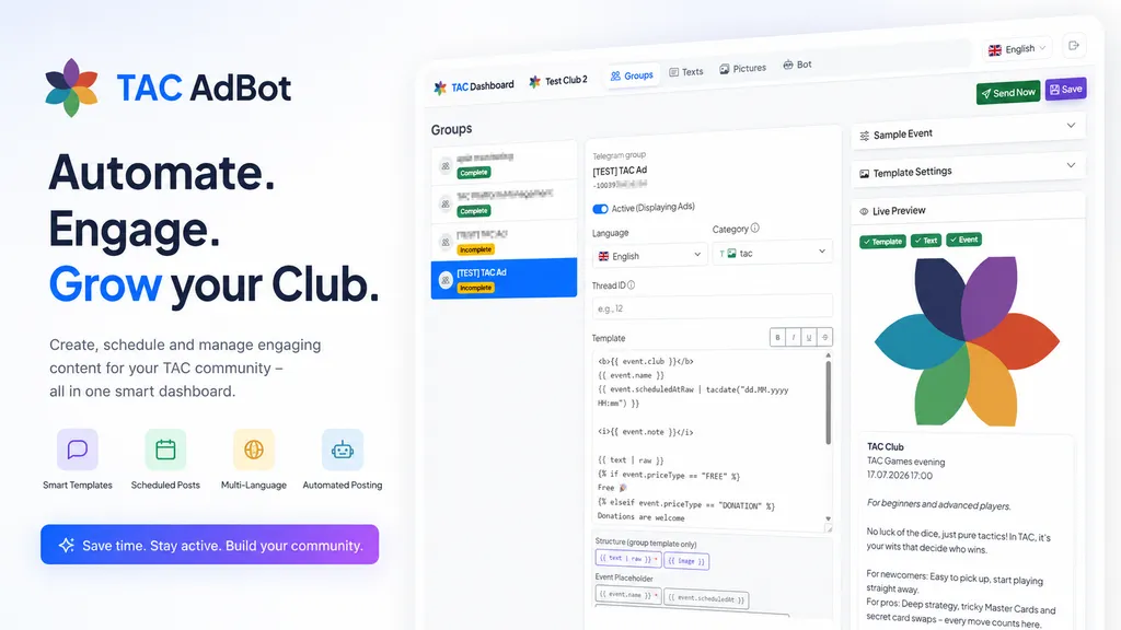 Bảng điều khiển TAC Club với quản lý nhóm của bot quảng cáo.